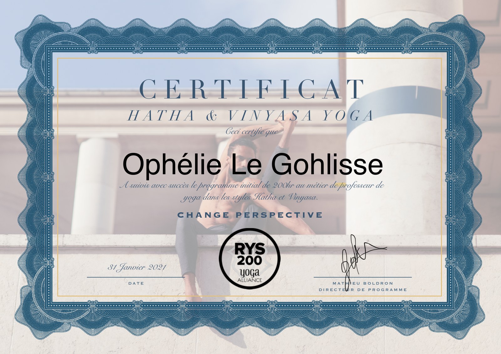 Certificat Yoga Alliance RYS 200 Hatha et Vinyasa Yoga d'Ophélie Le Gohlisse